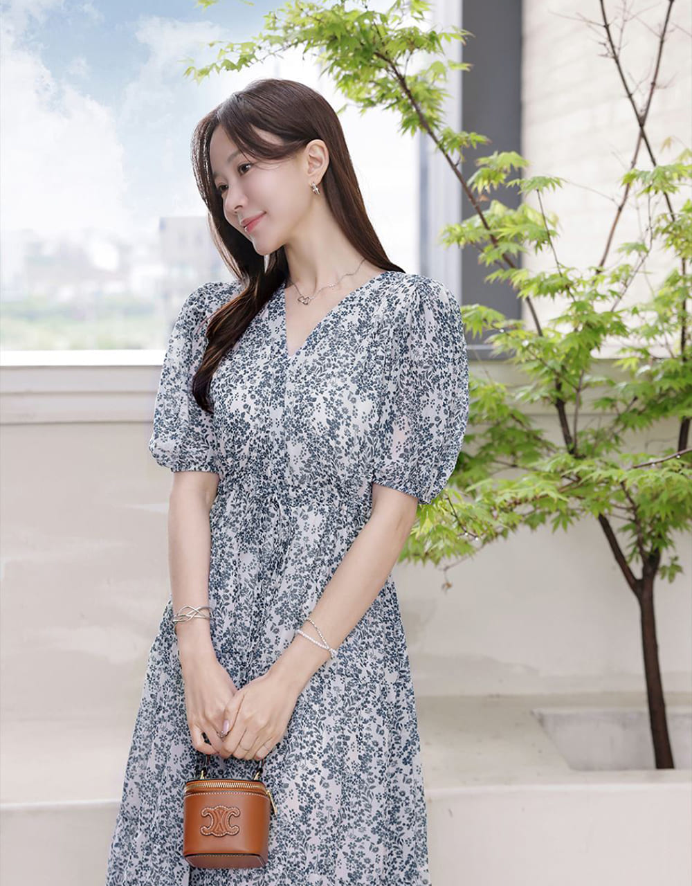 V領碎花綁帶長洋裝