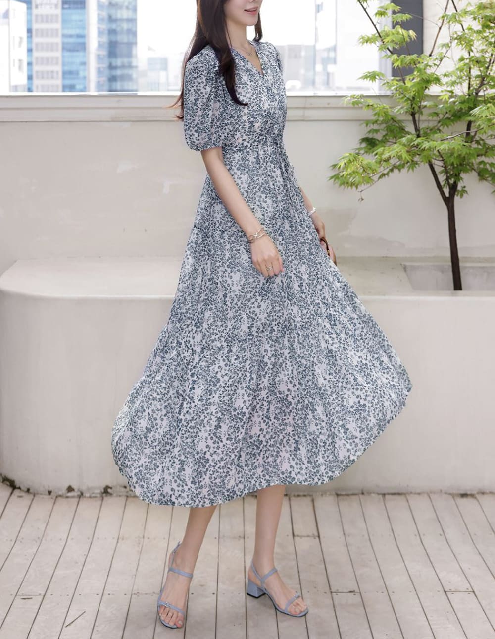 V領碎花綁帶長洋裝
