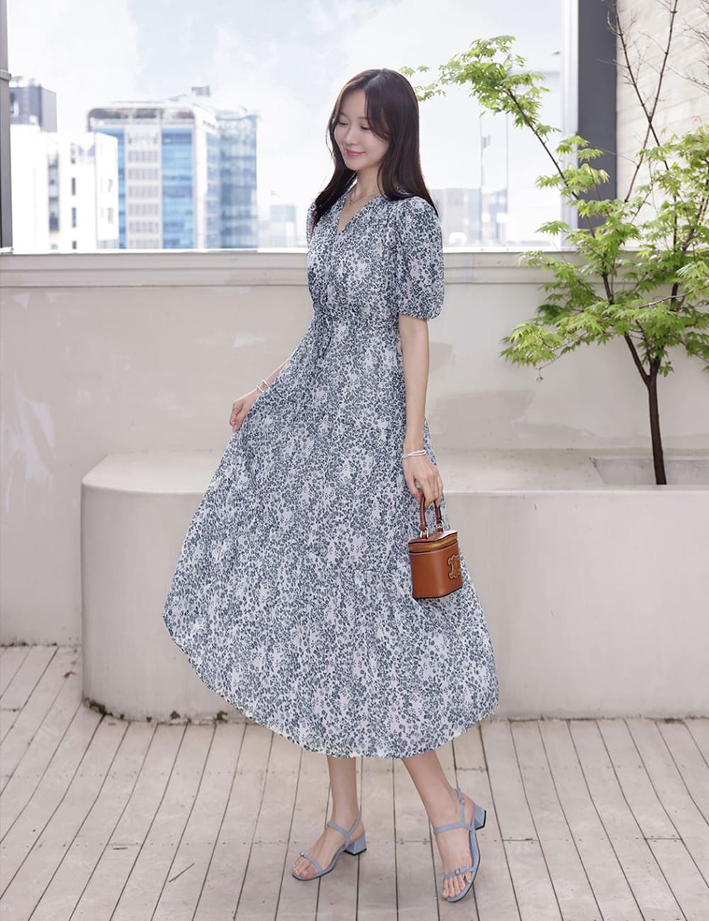 V領碎花綁帶長洋裝