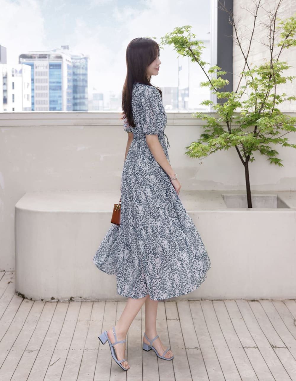 V領碎花綁帶長洋裝