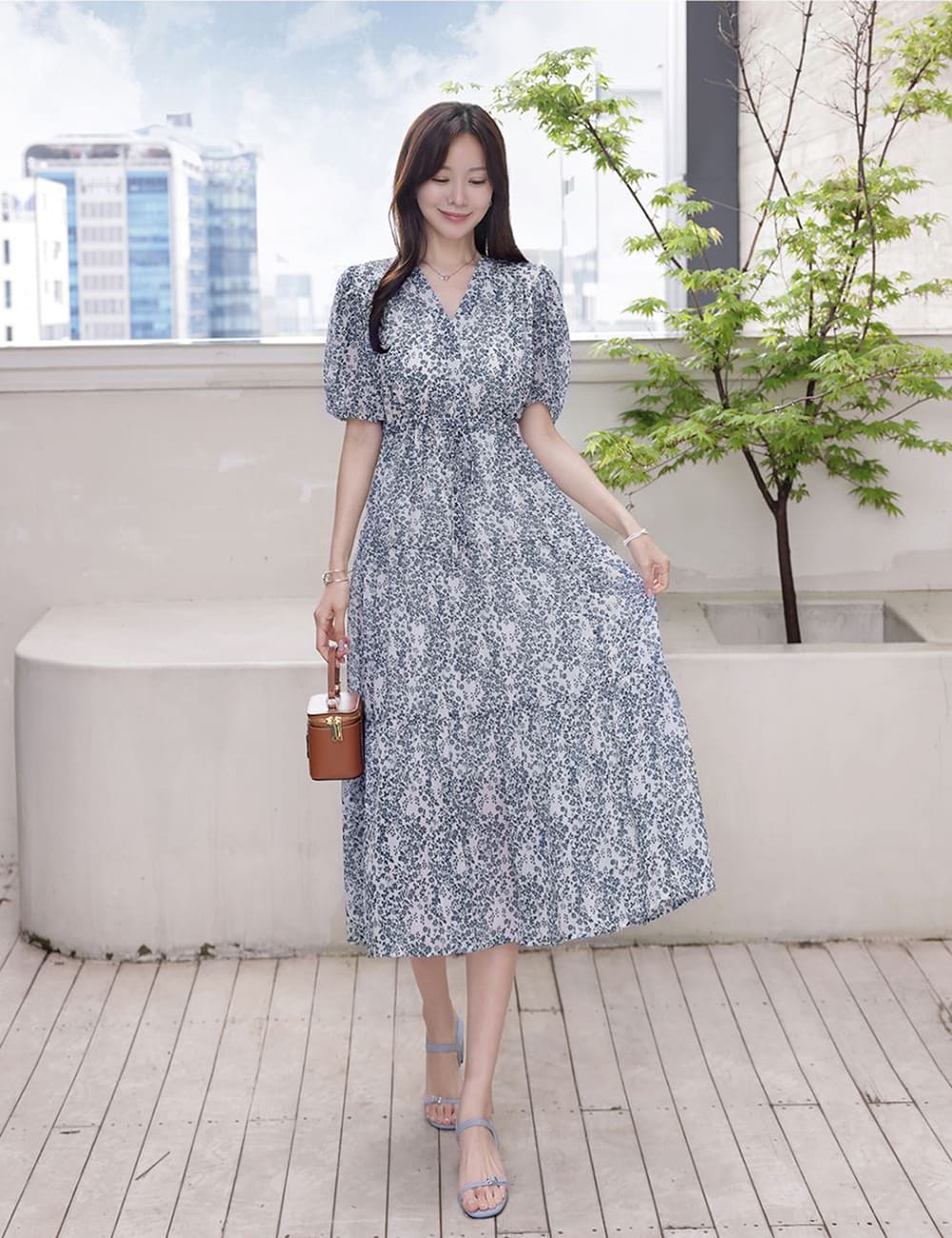 V領碎花綁帶長洋裝