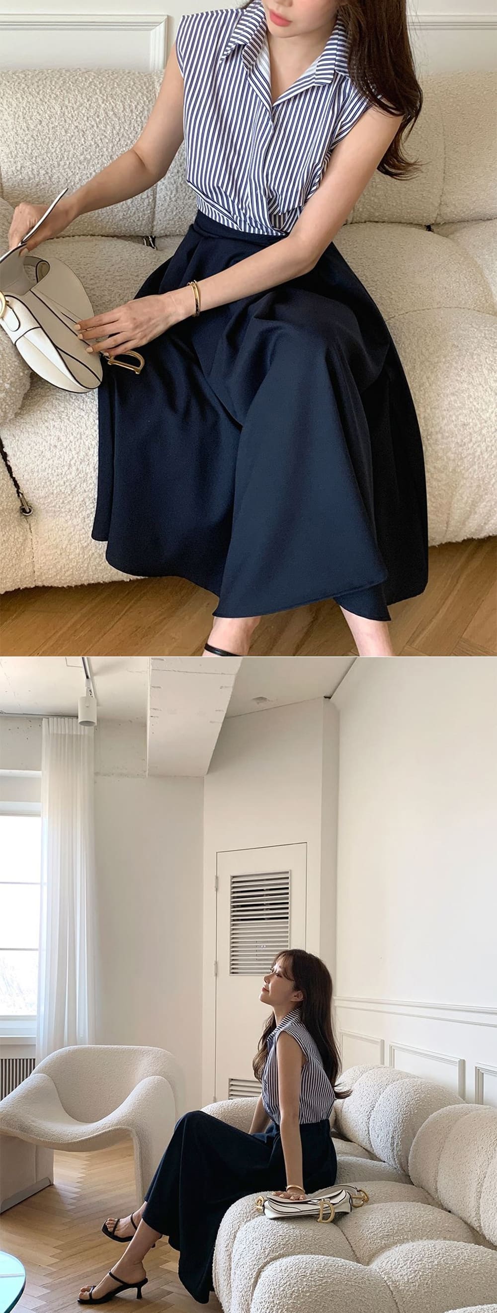 條紋襯衫領修身長洋裝