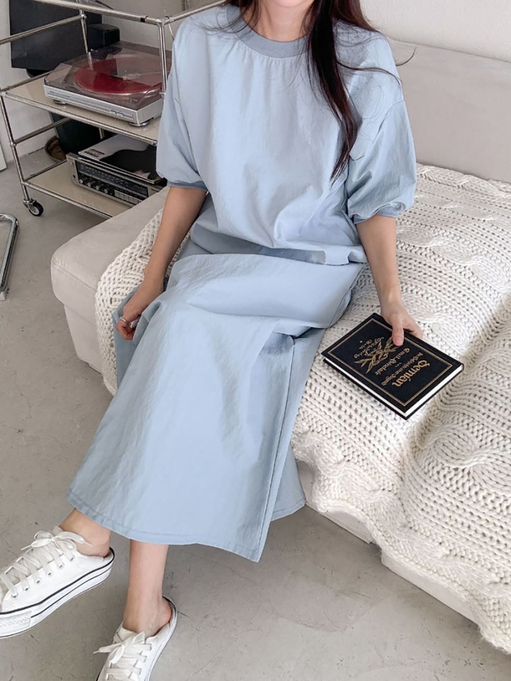 素面休閒抽繩長裙套裝
