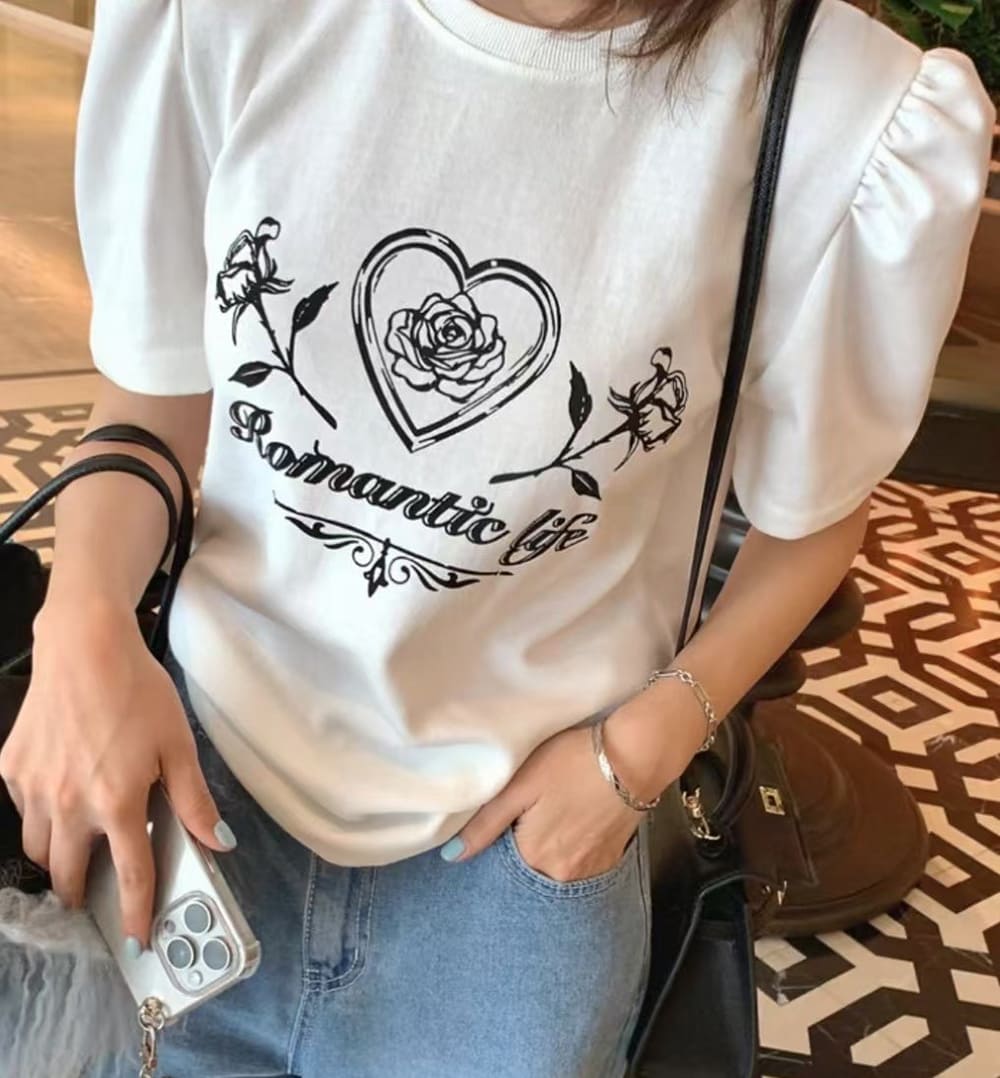 愛心玫瑰印花圓領上衣