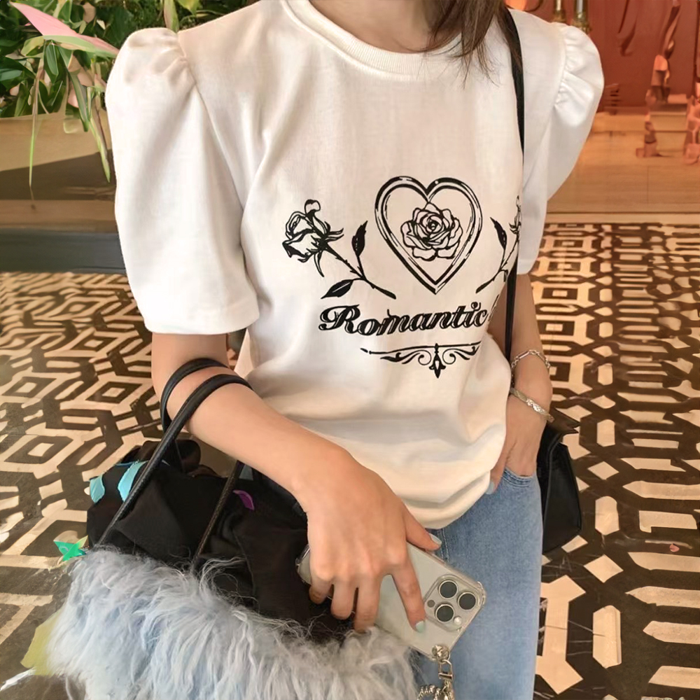 愛心玫瑰印花圓領上衣