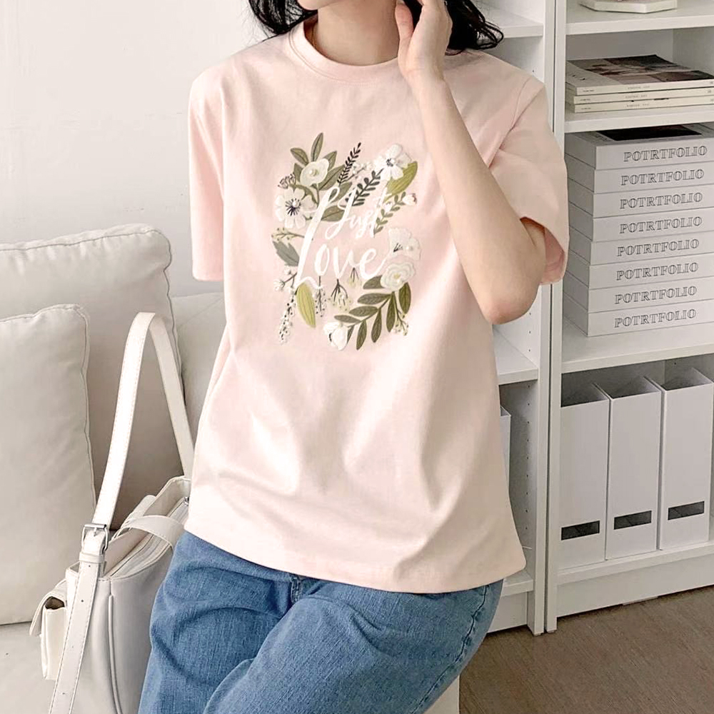 花卉字母印花圓領上衣