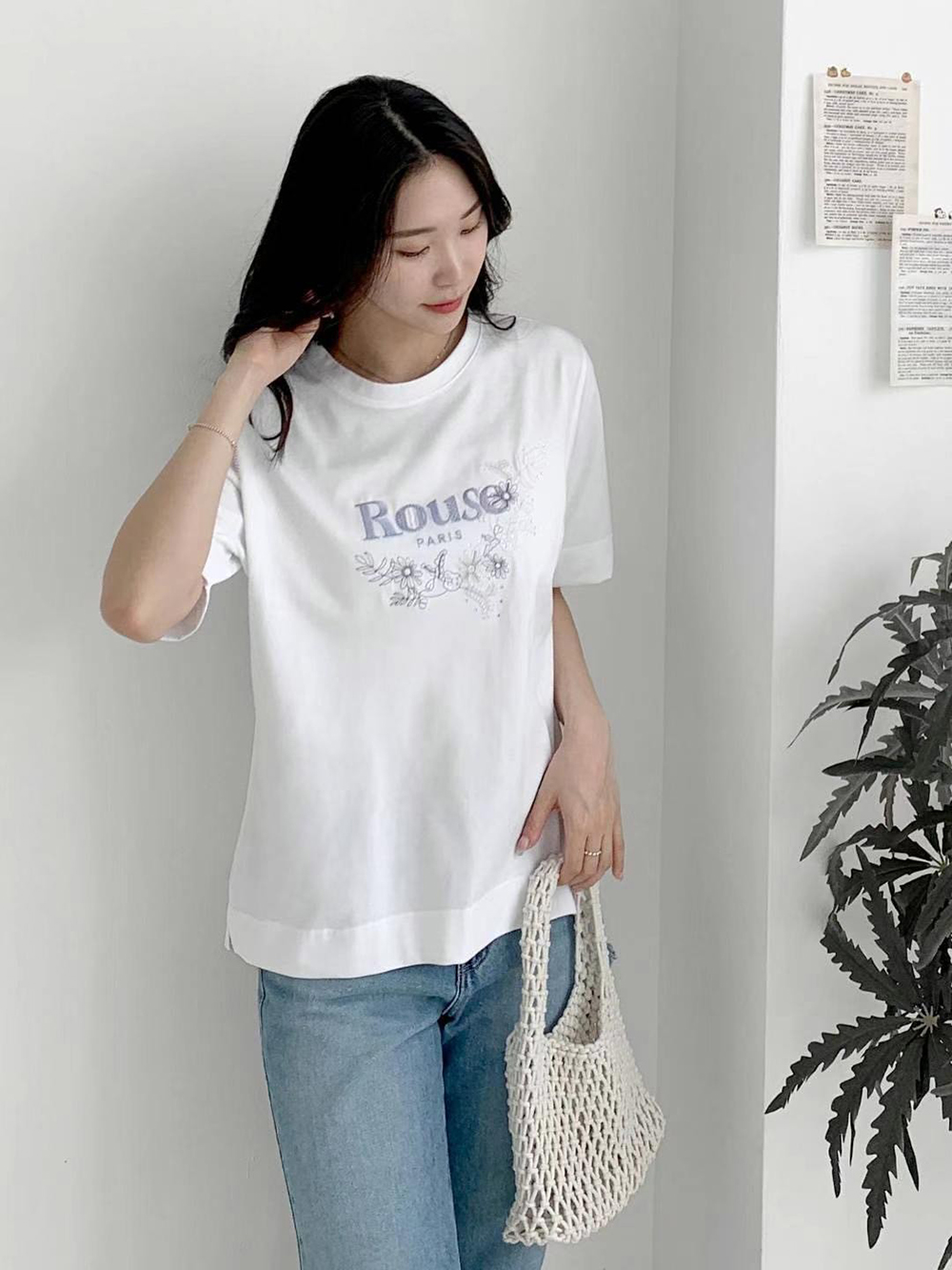 字母玫瑰刺繡純棉上衣