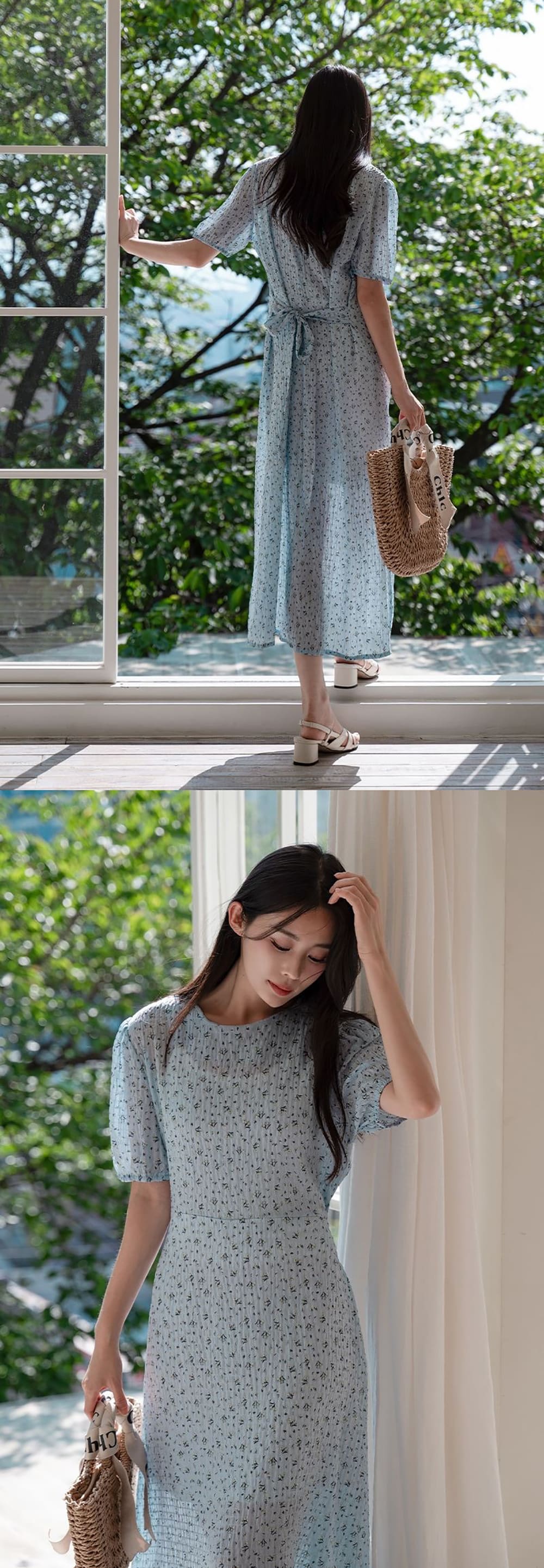 圓領碎花後綁帶洋裝