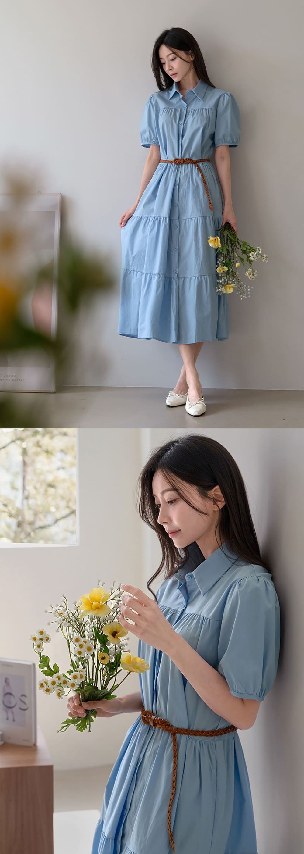 甜美泡泡袖襯衫領洋裝