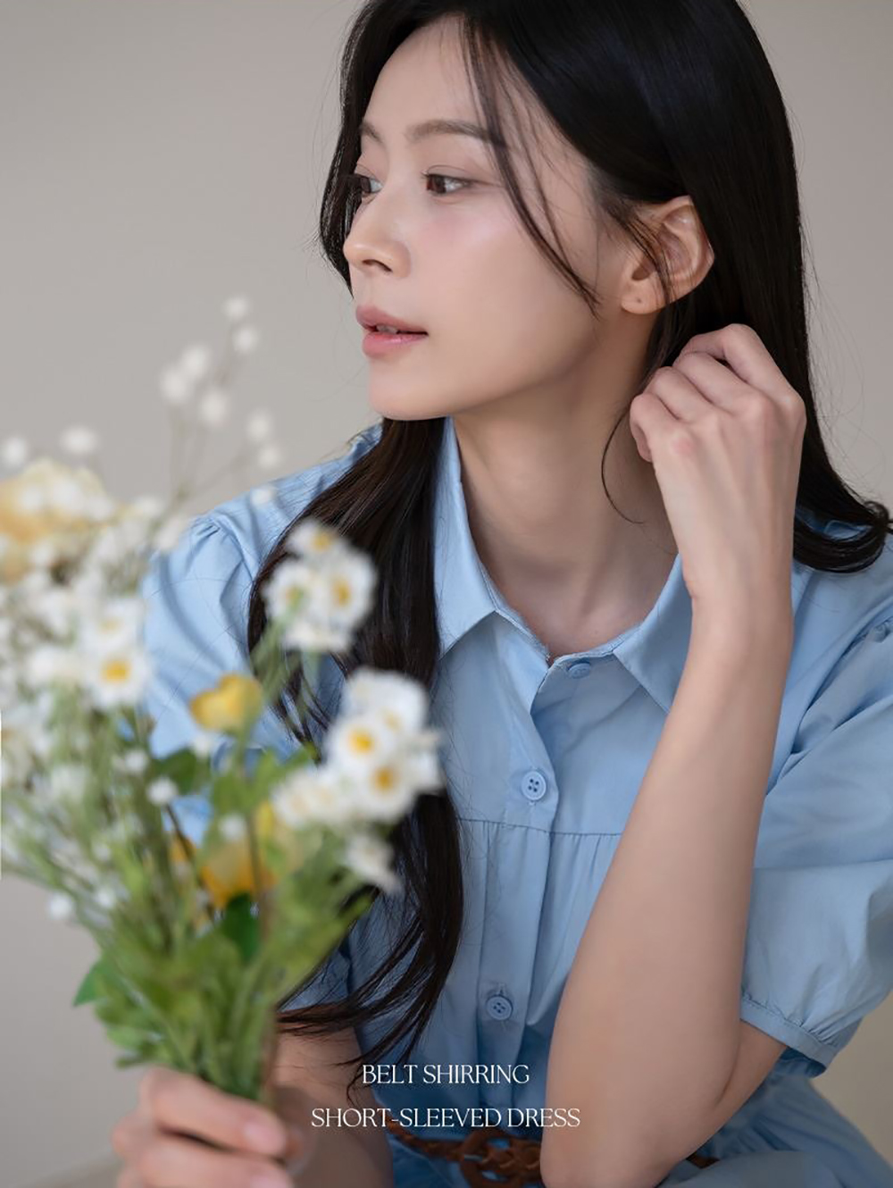 甜美泡泡袖襯衫領洋裝