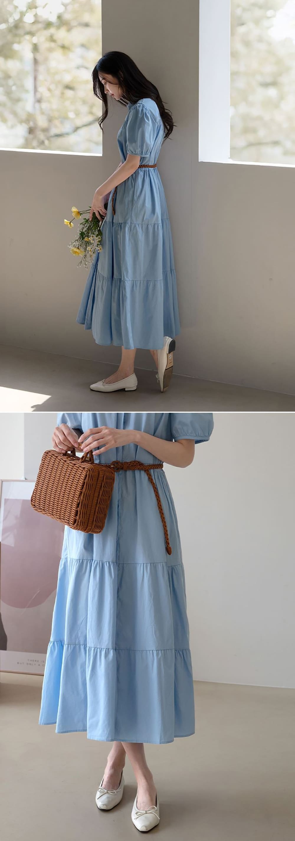 甜美泡泡袖襯衫領洋裝