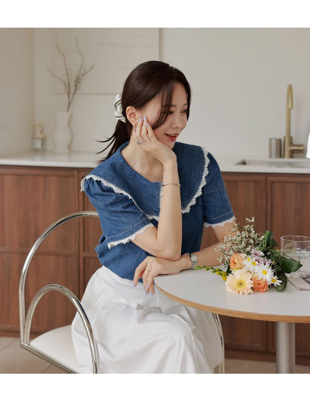 蕾絲牛仔學院風襯衫
