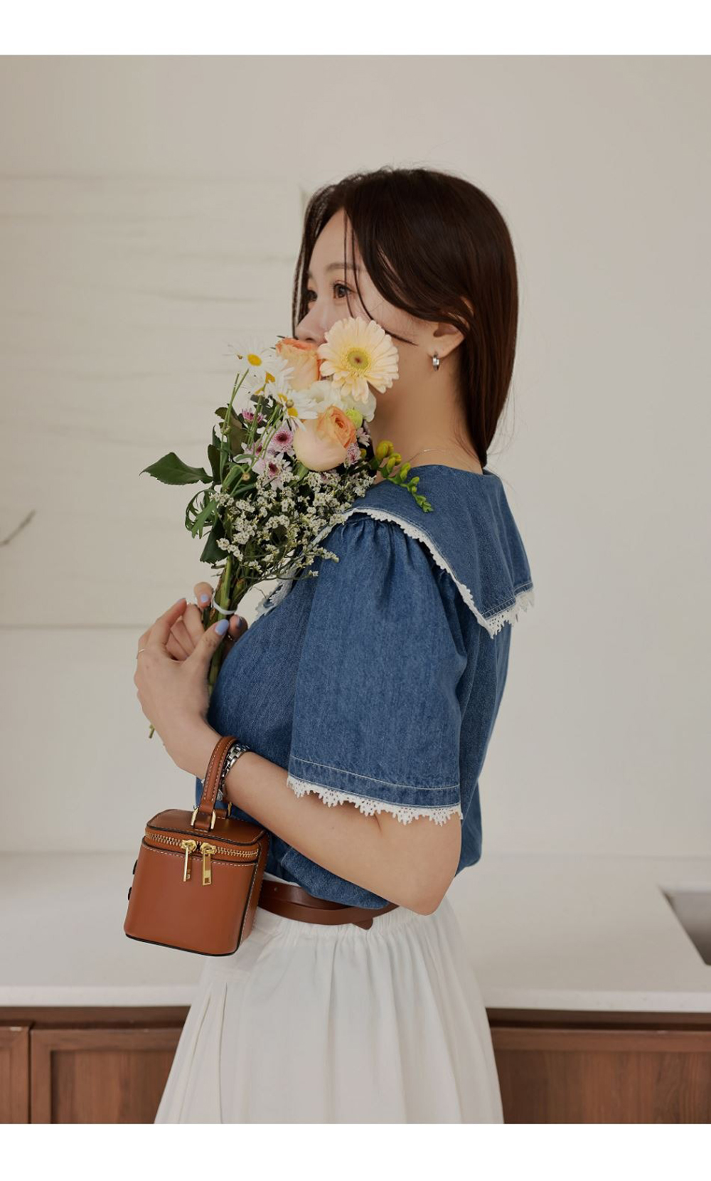 蕾絲牛仔學院風襯衫