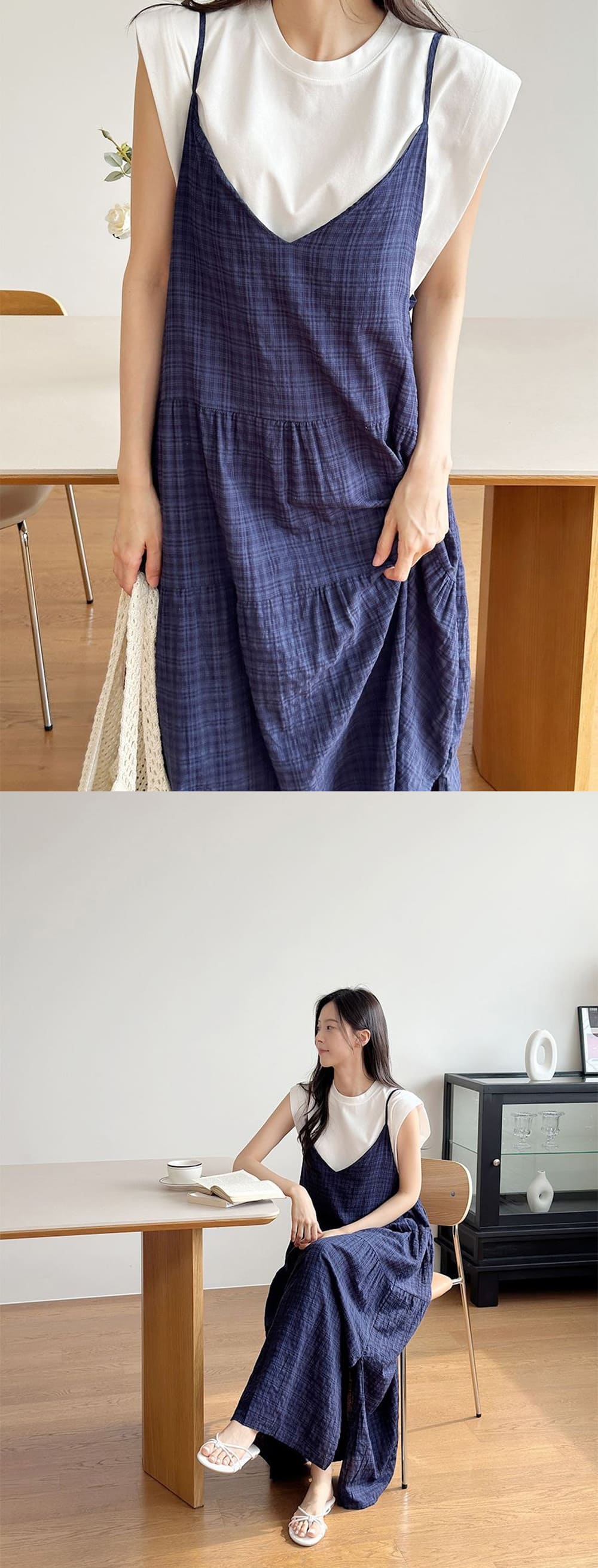V領格紋寬鬆長洋裝