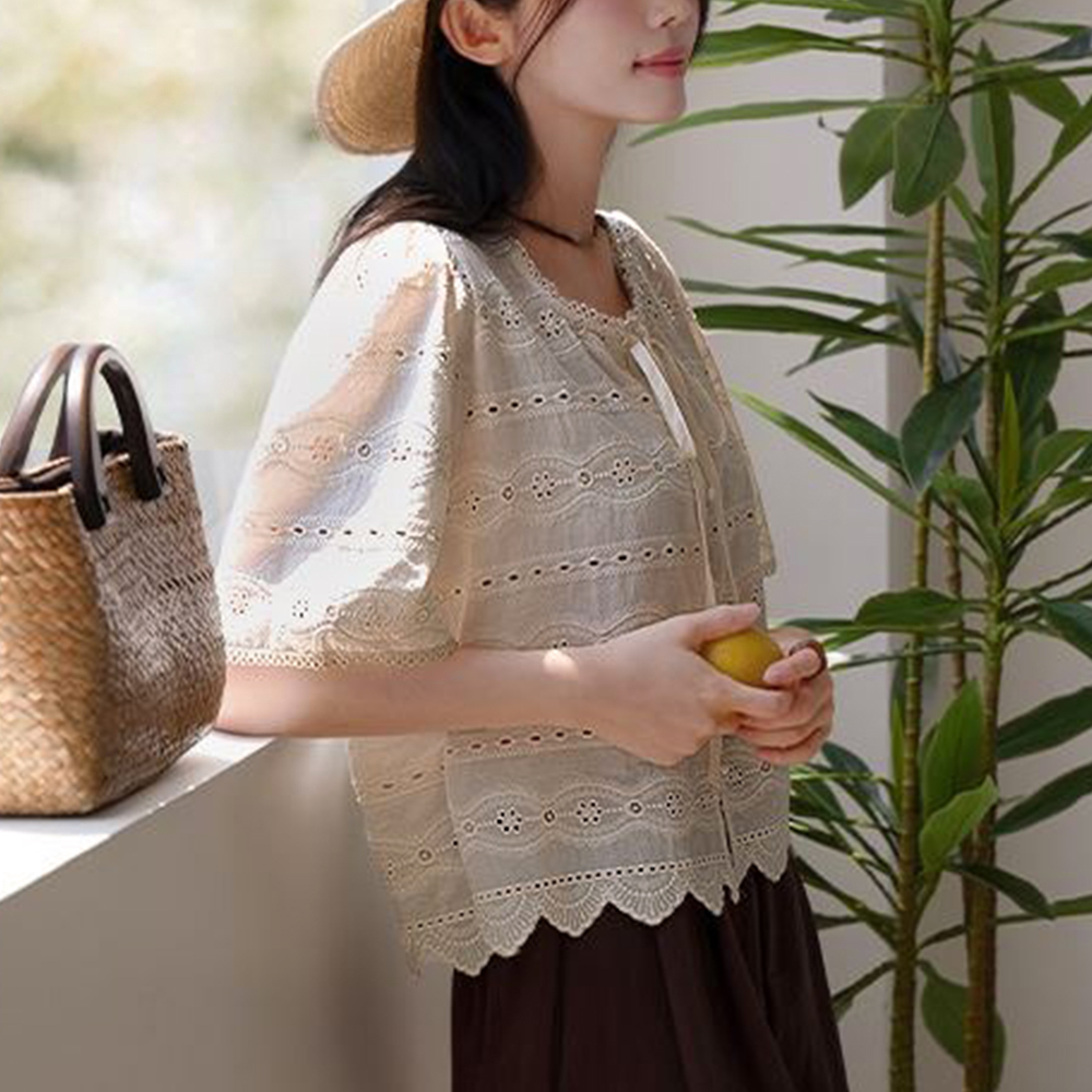 鏤空刺繡綁帶圓領襯衫