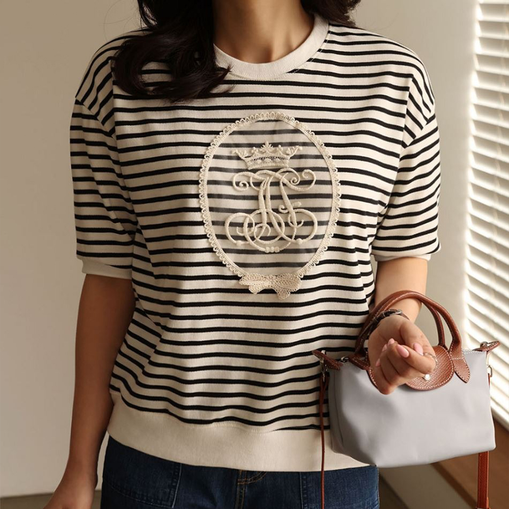 條紋蕾絲圓領上衣