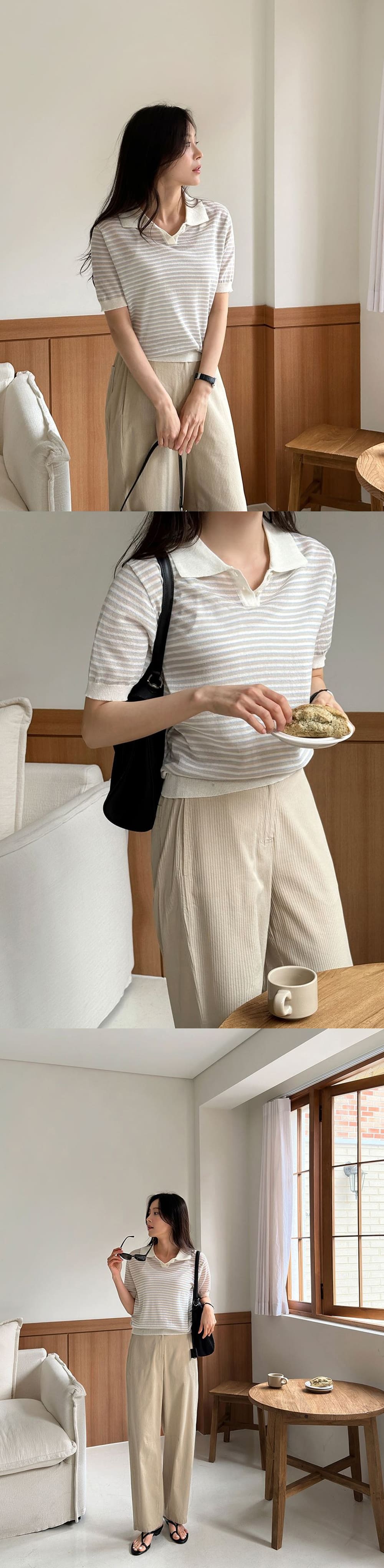 襯衫領條紋針織上衣