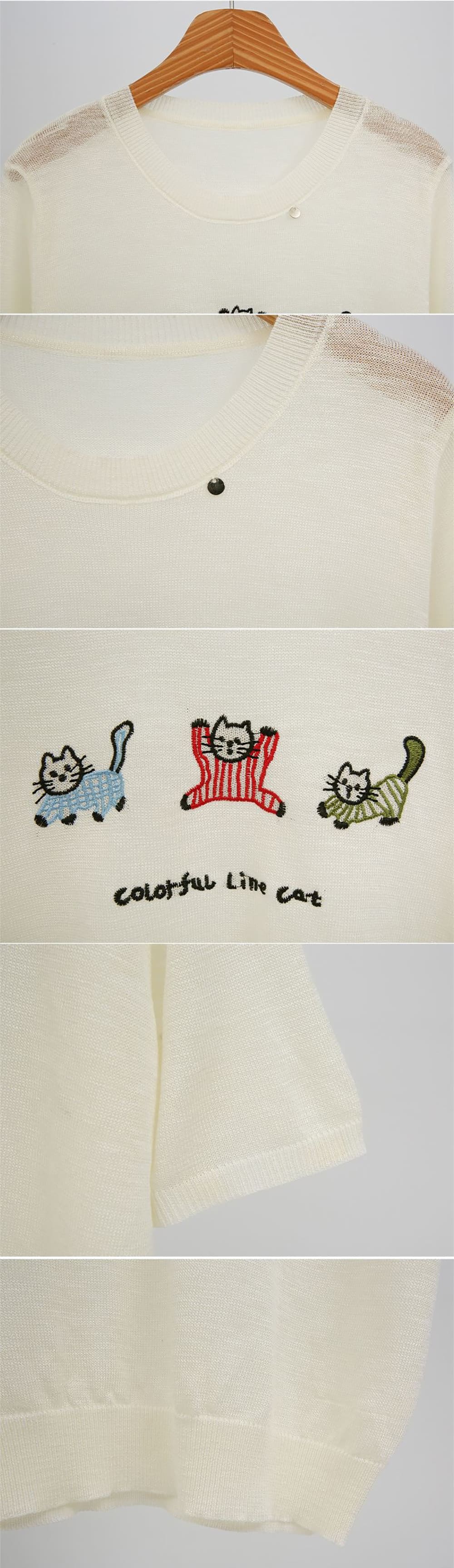 貓咪刺繡輕薄針織上衣