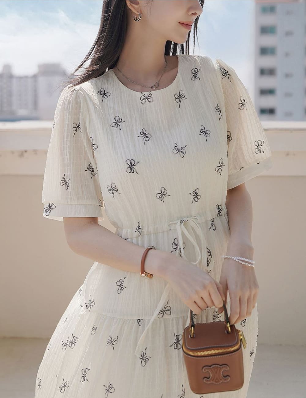 蝴蝶結印花綁帶洋裝