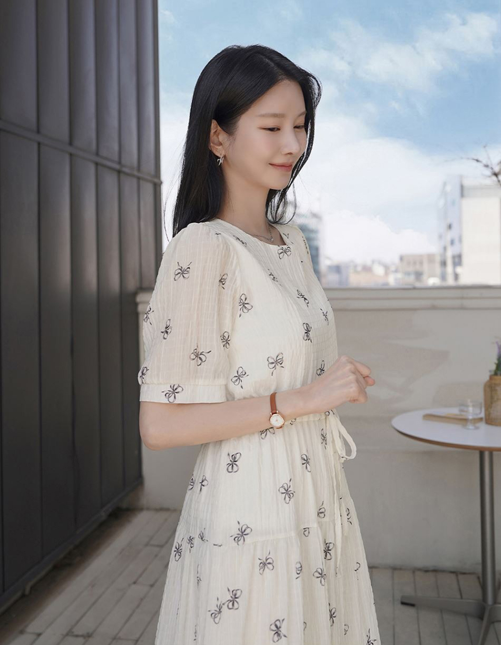 蝴蝶結印花綁帶洋裝