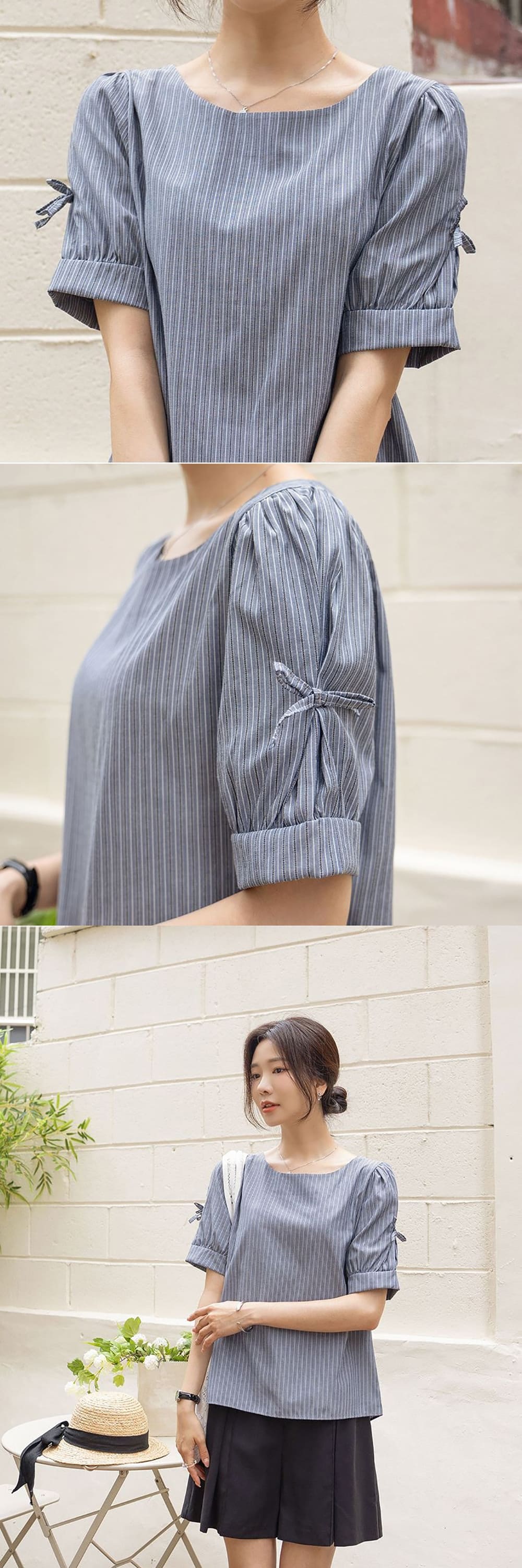 蝴蝶結條紋泡泡袖襯衫