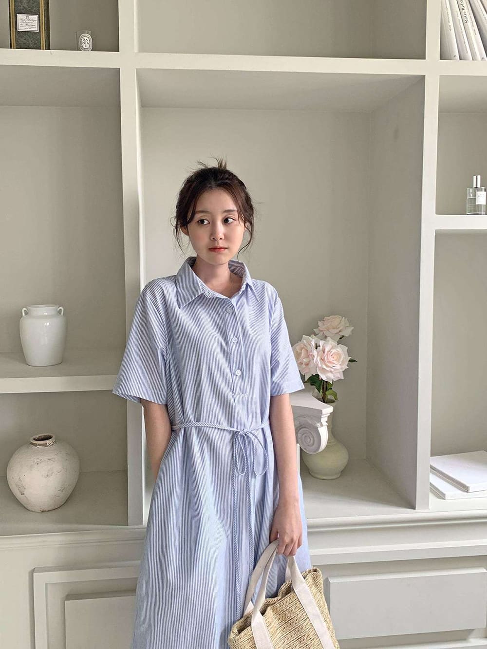 條紋襯衫領綁帶長洋裝