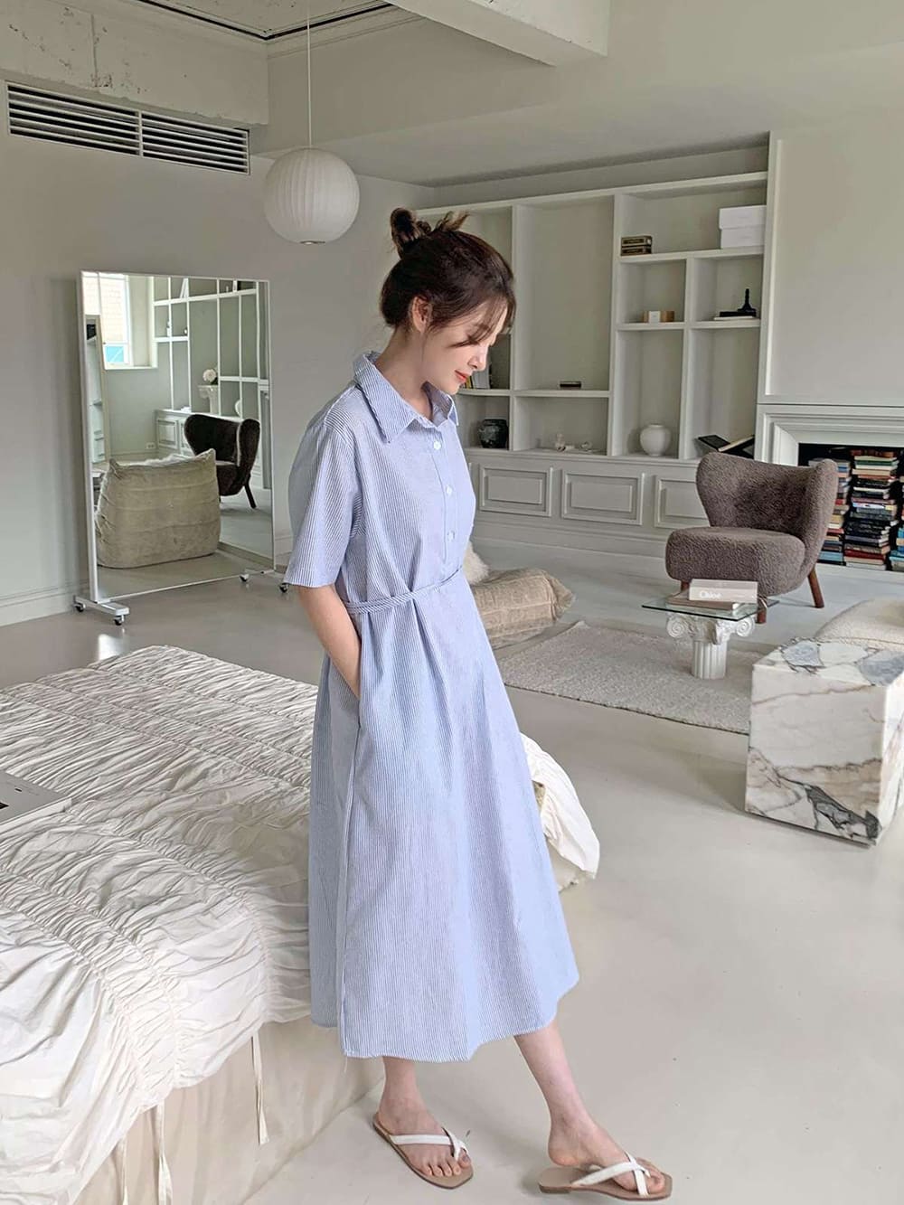 條紋襯衫領綁帶長洋裝