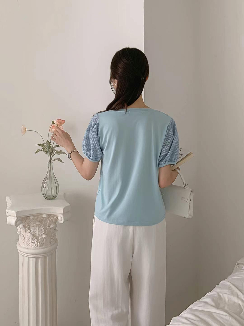 氣質拼接袖圓領上衣