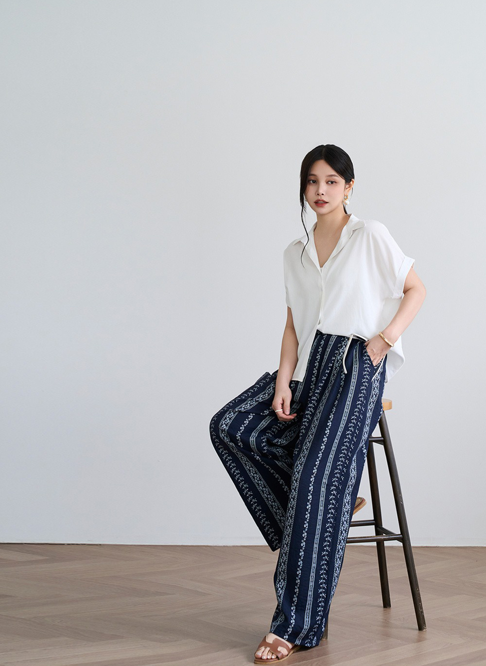 休閒印花亞麻寬褲
