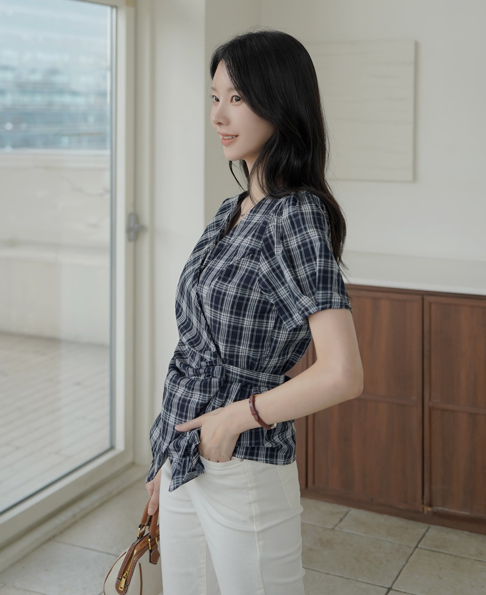 亞麻格紋後綁帶襯衫