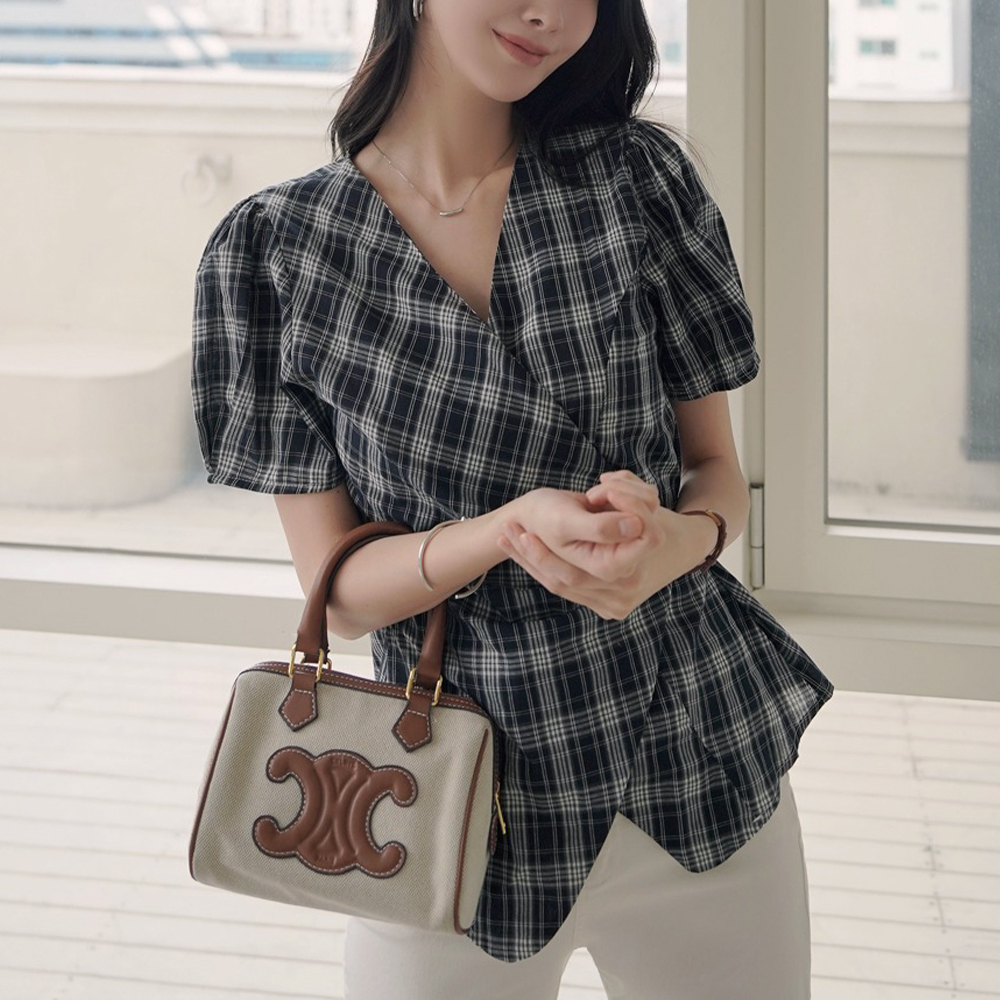 亞麻格紋後綁帶襯衫