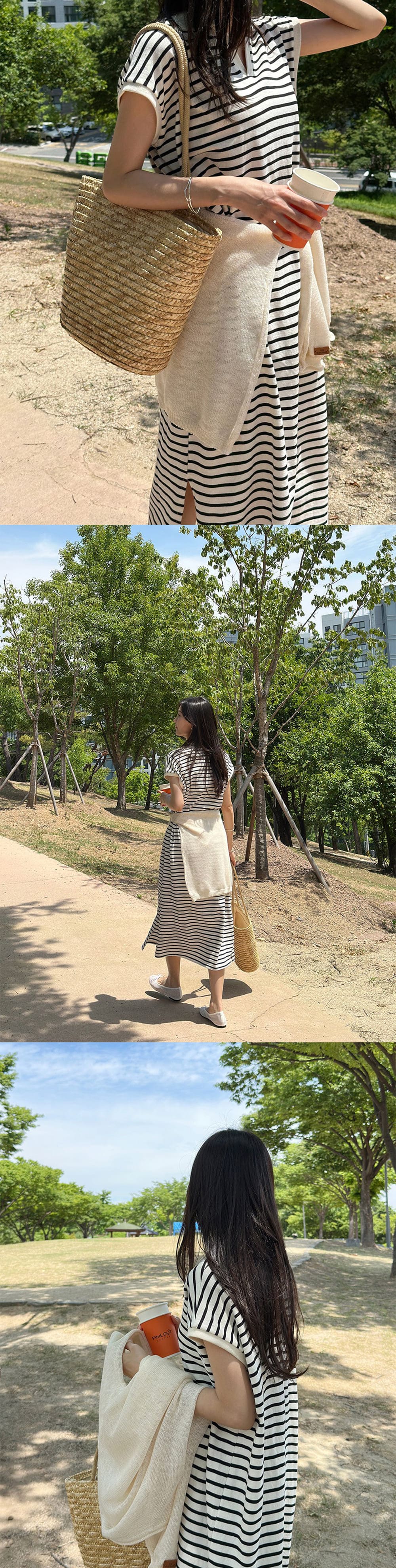 襯衫領條紋開衩洋裝