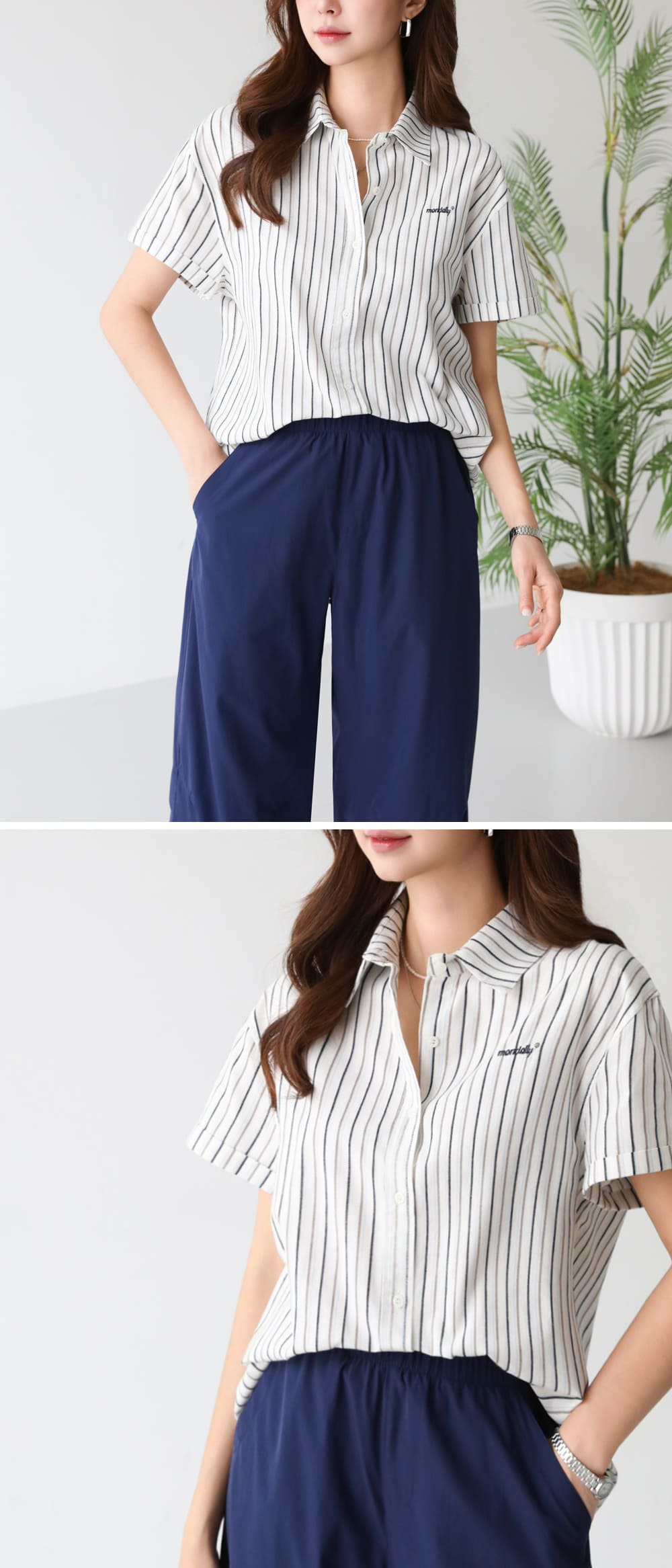 簡約刺繡寬版條紋襯衫