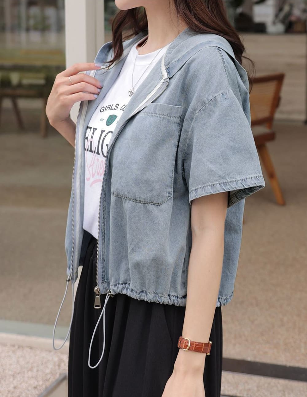 抽繩牛仔連帽外套