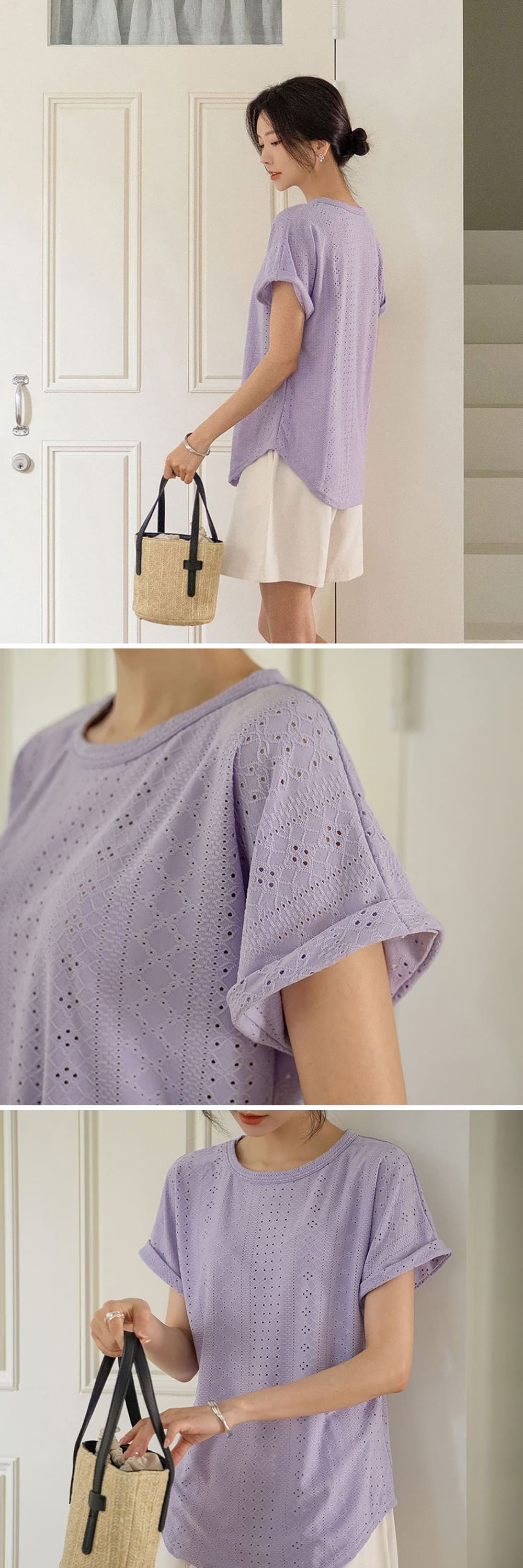鏤空立體刺繡落肩上衣