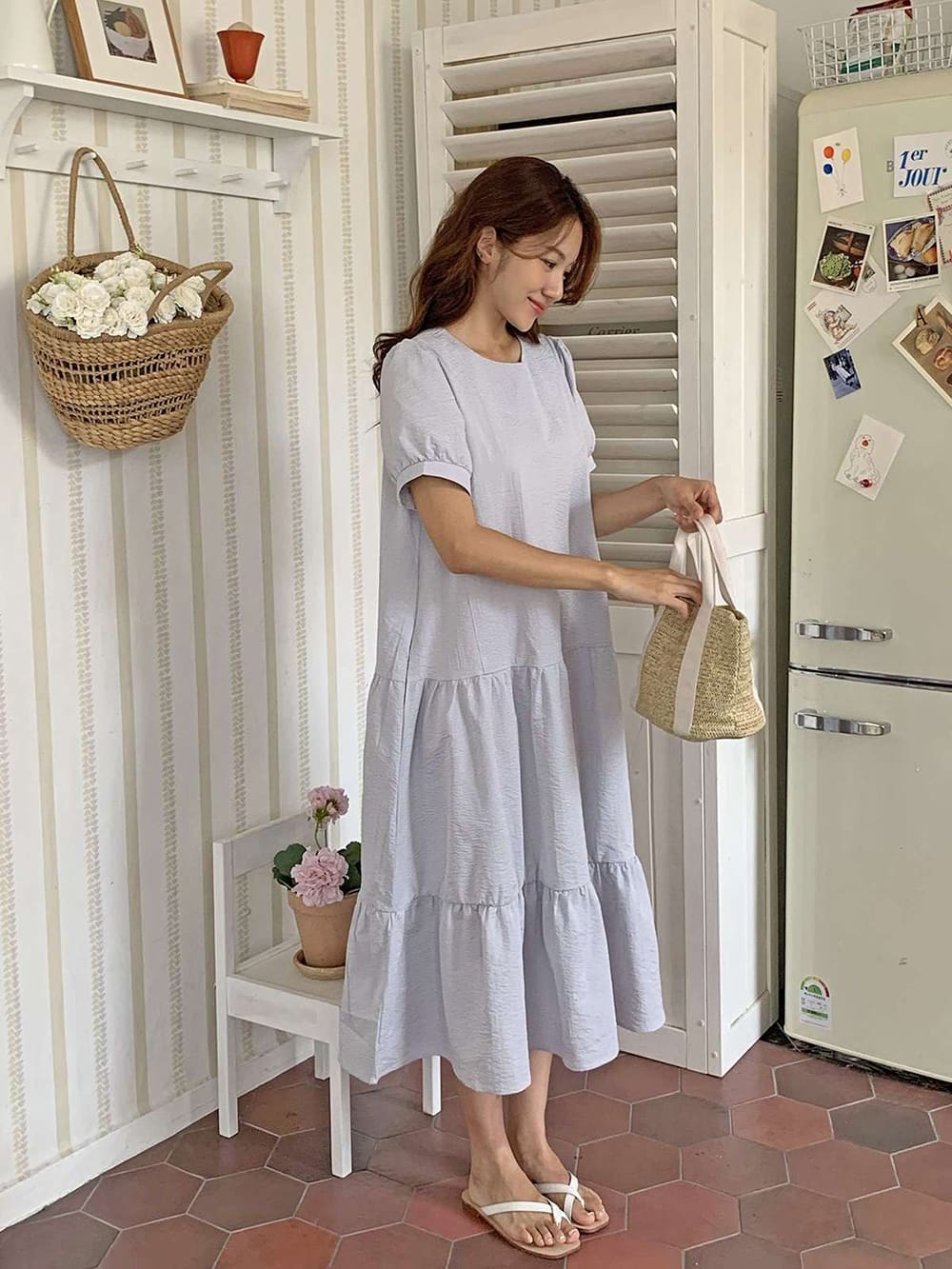 甜美泡泡袖條紋洋裝