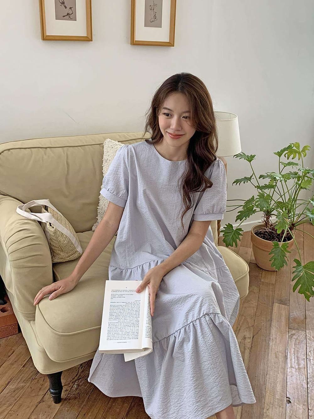 甜美泡泡袖條紋洋裝