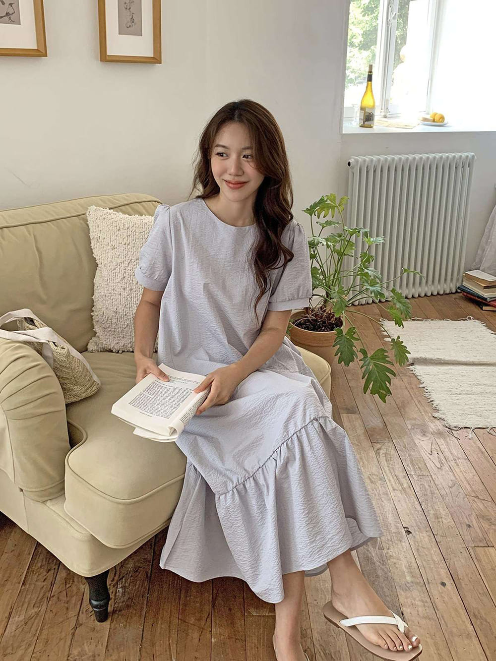 甜美泡泡袖條紋洋裝