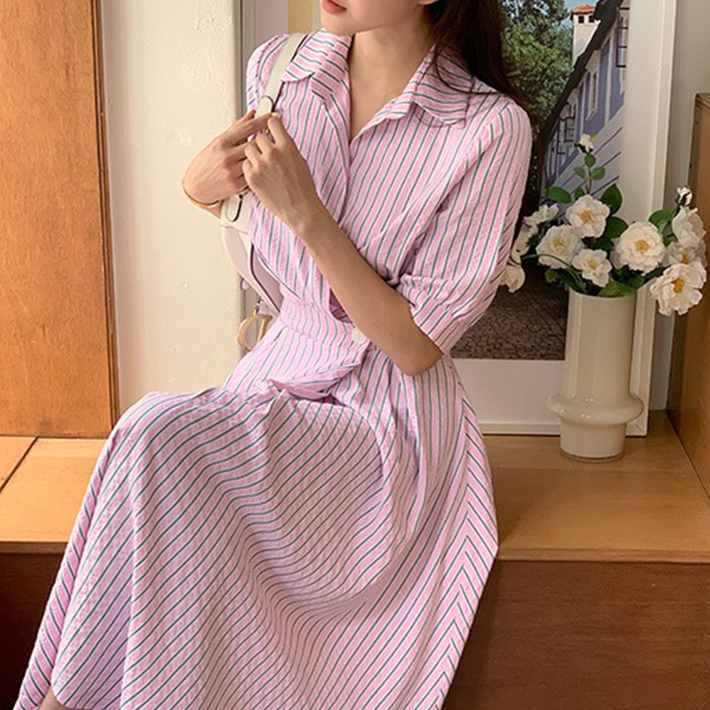 條紋襯衫修身長洋裝