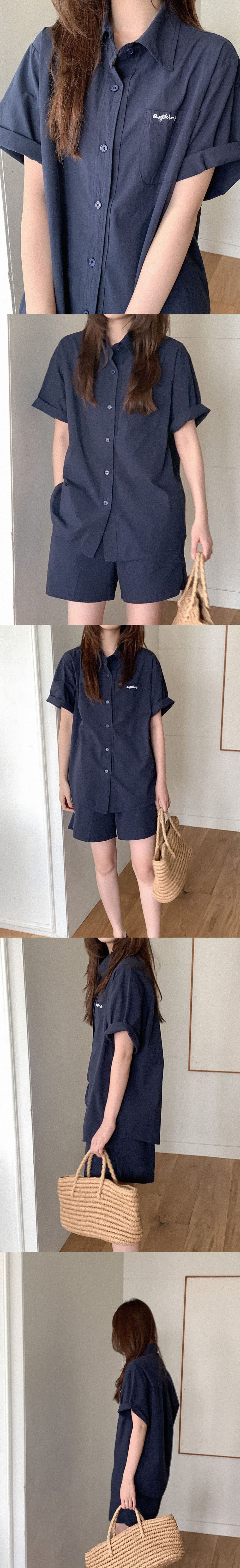 棉質刺繡襯衫短褲套裝