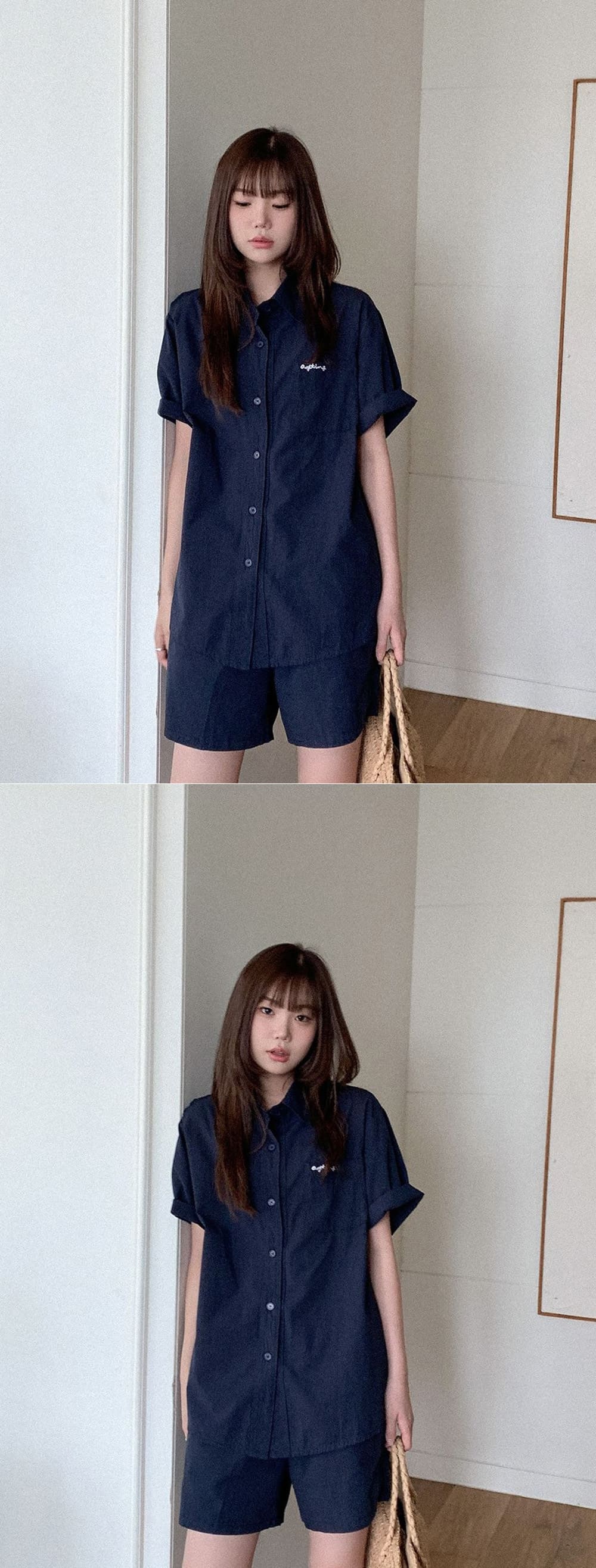 棉質刺繡襯衫短褲套裝