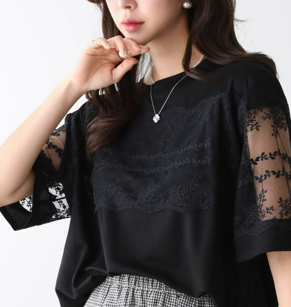 精緻蕾絲透膚袖上衣