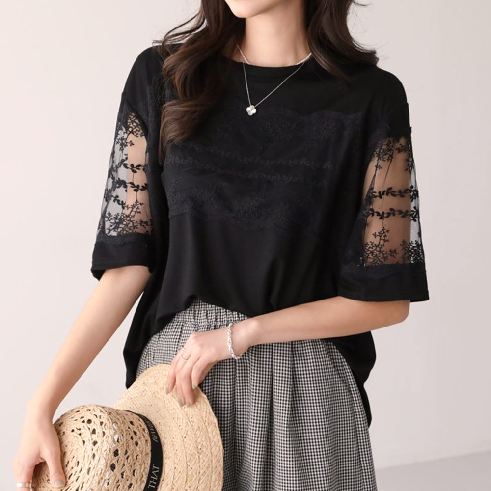 精緻蕾絲透膚袖上衣