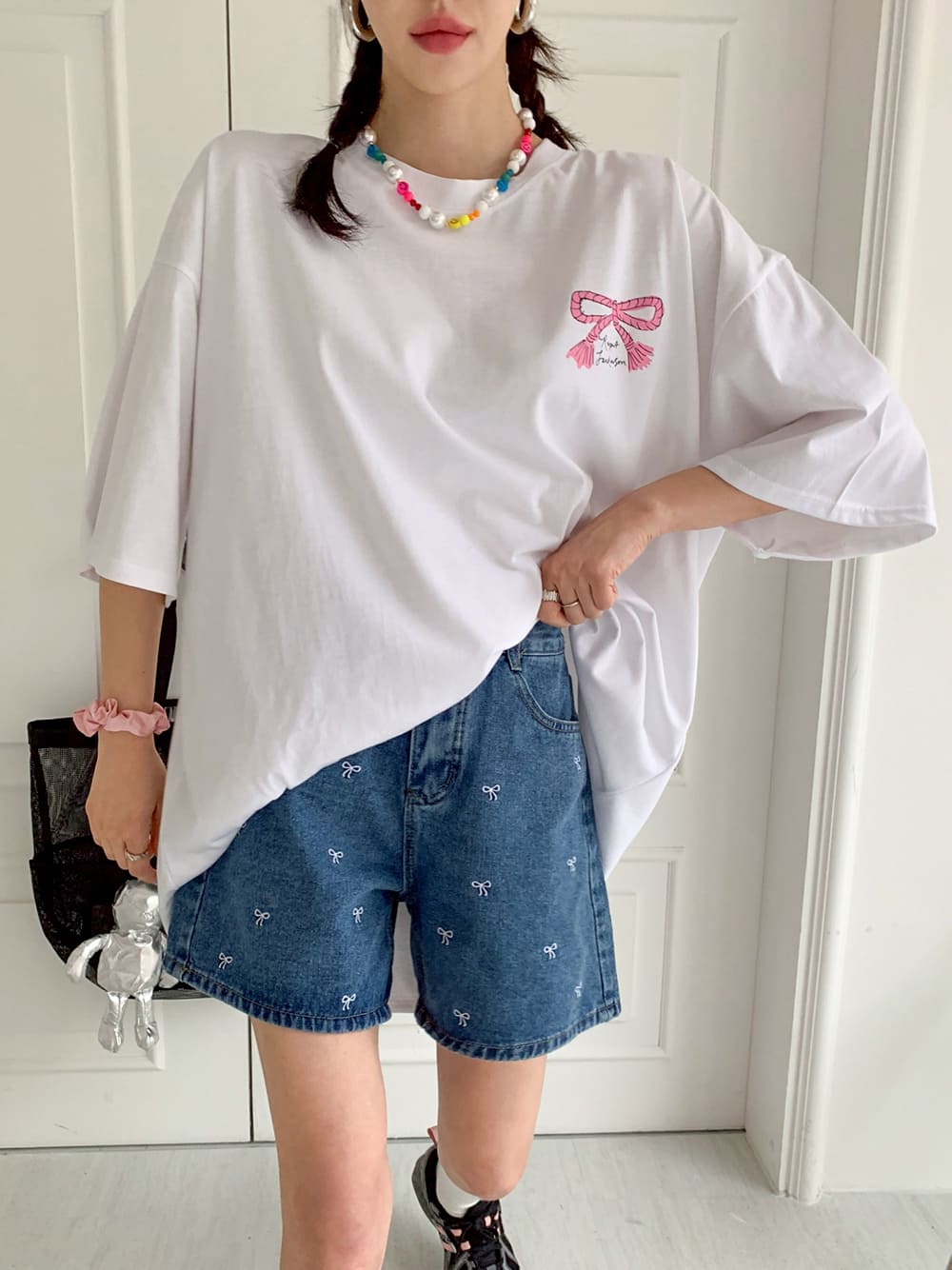 刺繡蝴蝶結高腰短褲