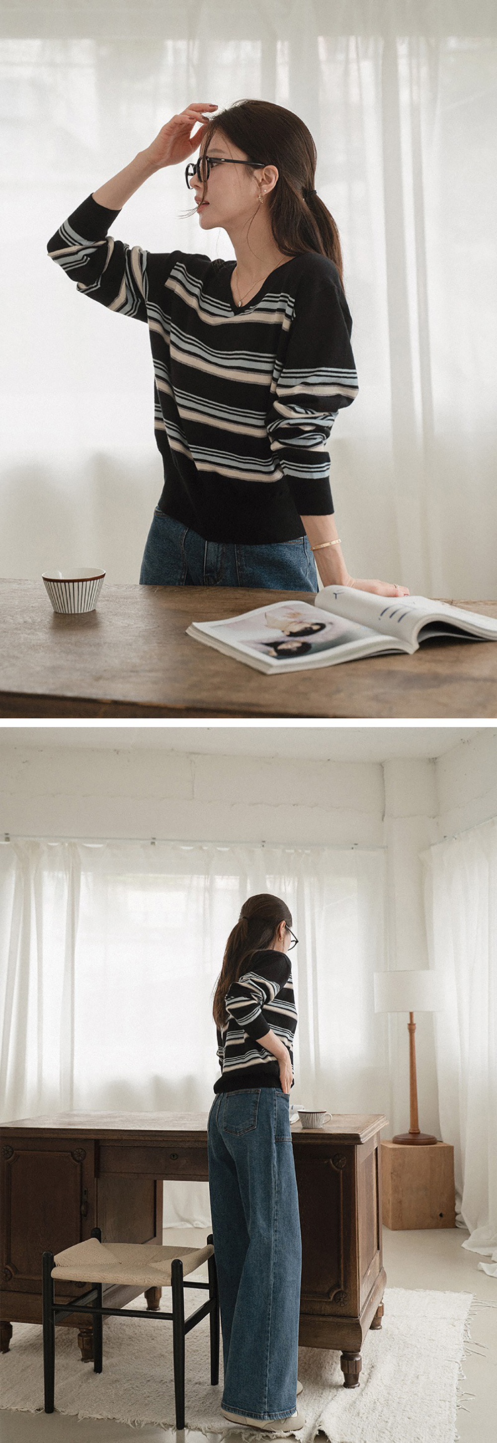V領拼色條紋針織上衣