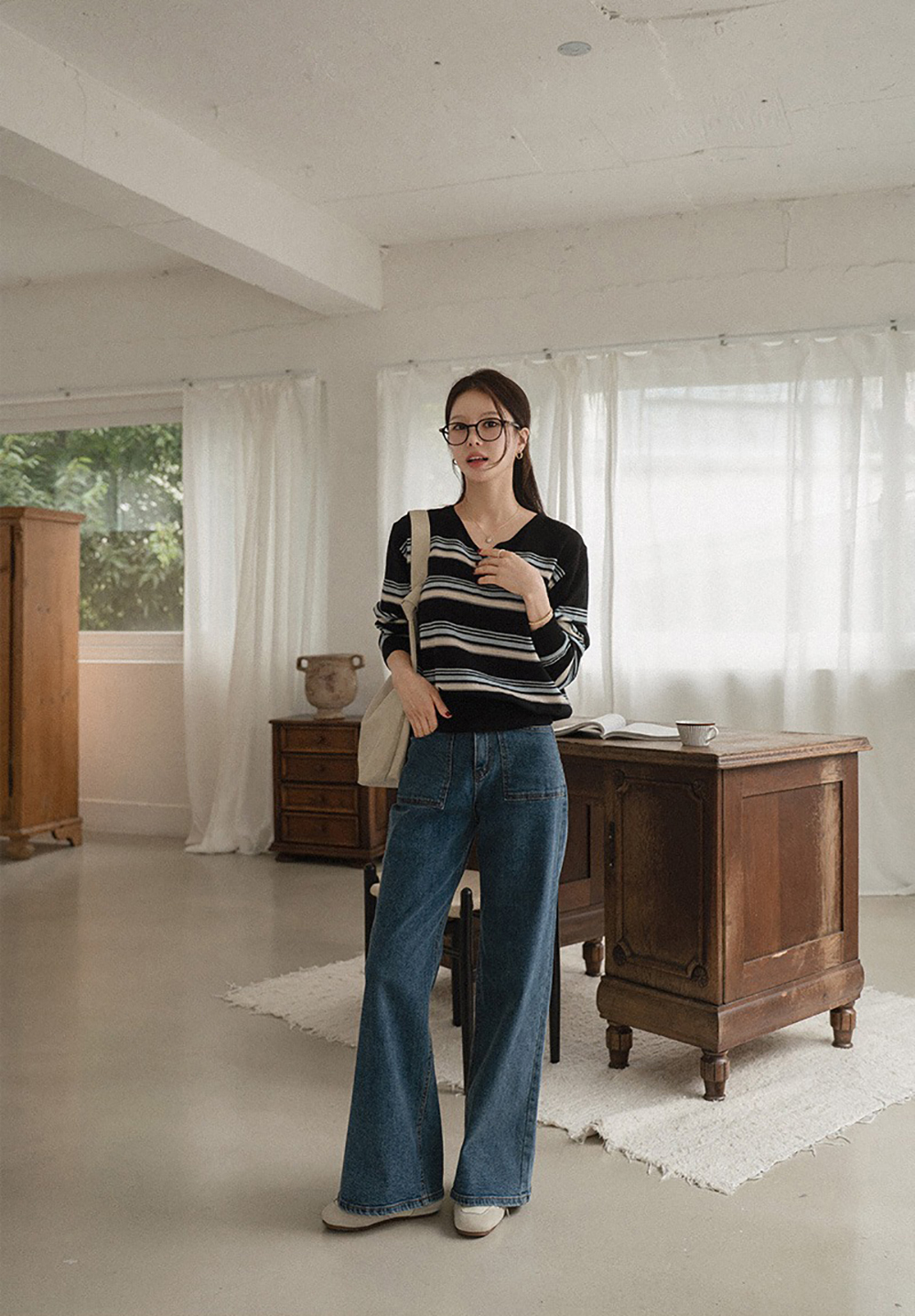 V領拼色條紋針織上衣