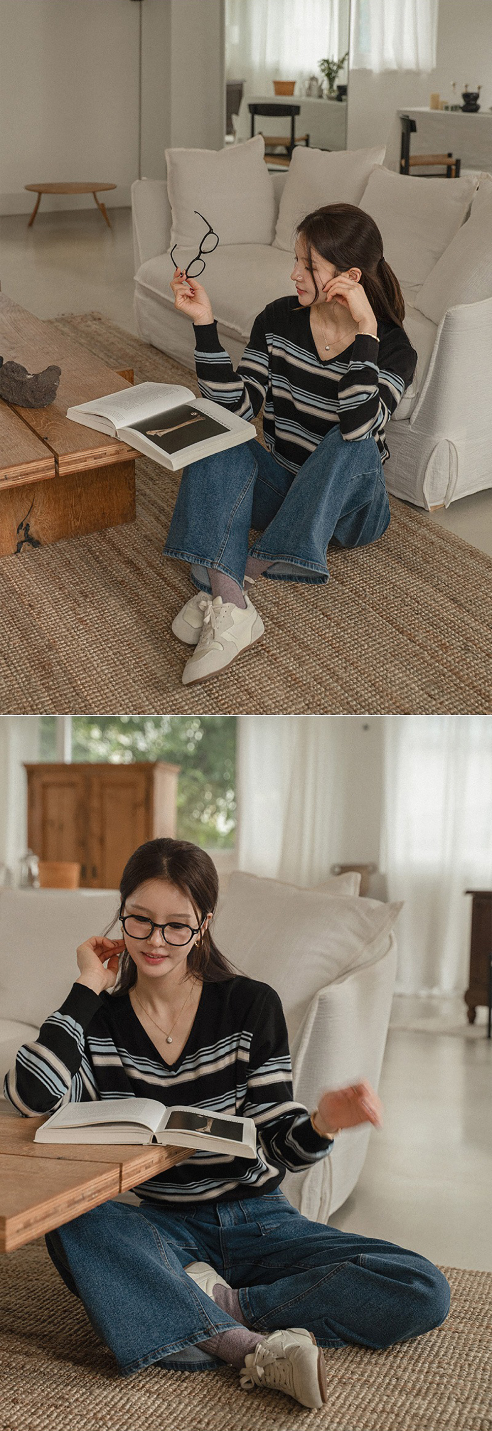 V領拼色條紋針織上衣