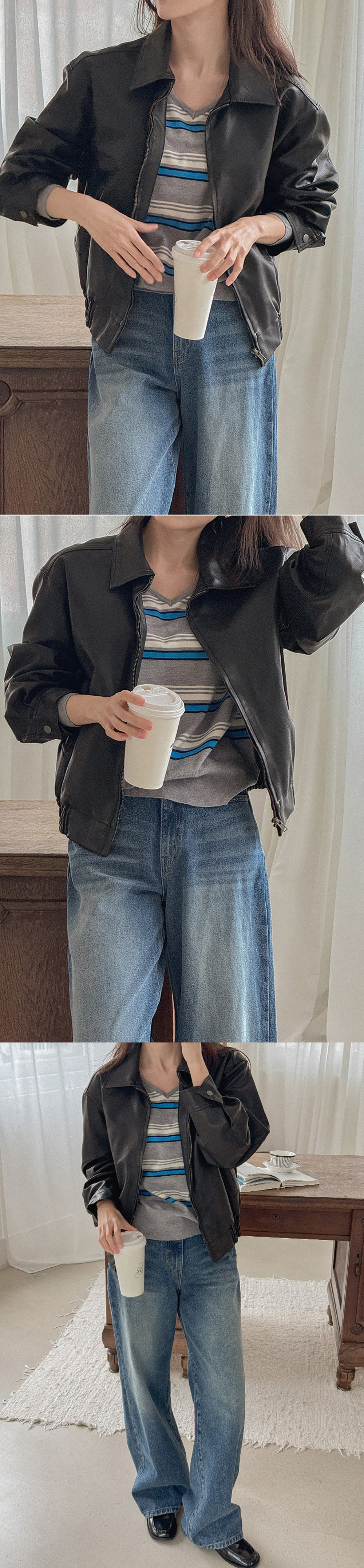 V領拼色條紋針織上衣