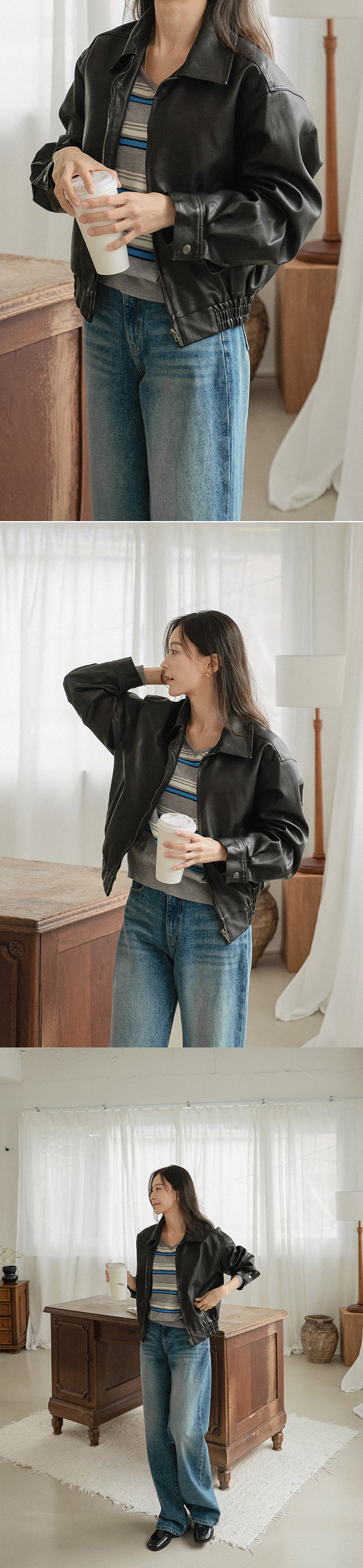 V領拼色條紋針織上衣