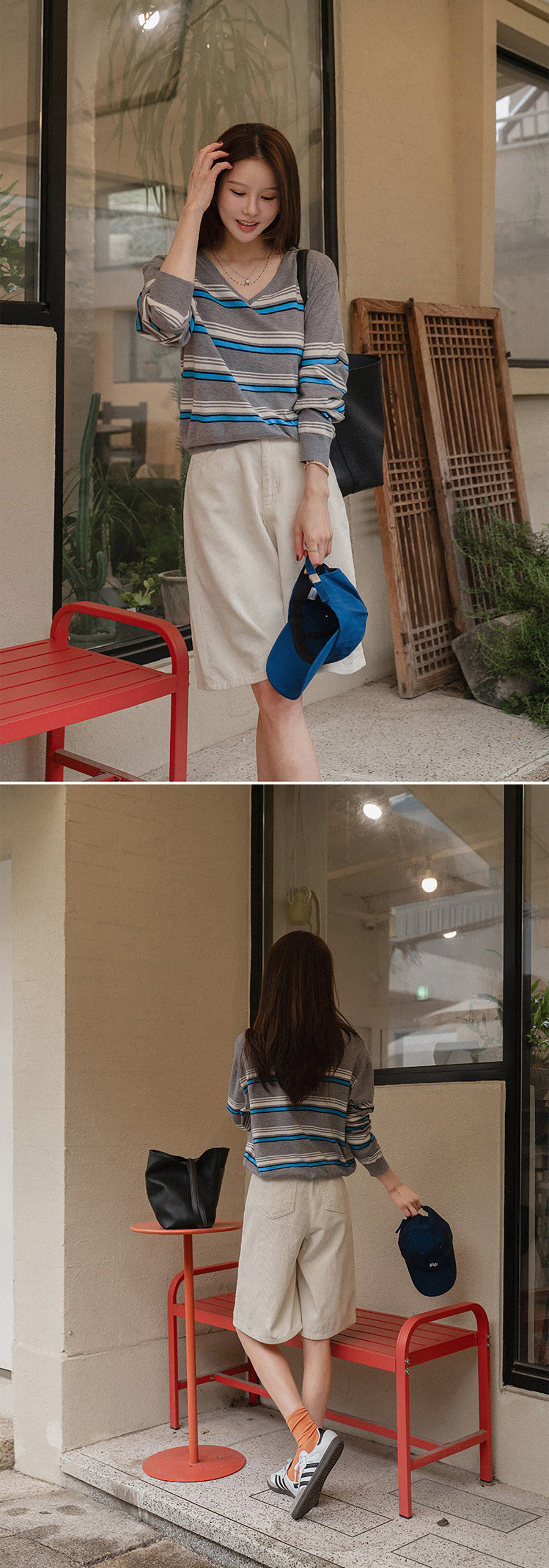 V領拼色條紋針織上衣